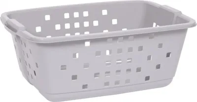 A light gray laundry basket with square cutouts on a white background.