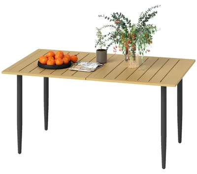 Produktbild von Terrassentisch Metalltisch Lattendesign, Gartentisch Stahl wetterfest mit Schirmloch, Braun  |  20 kg  |  6 Personen  |  150x90x73 cm