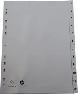Produktbild von Exacompta Kunststoffregister, DIN A4, 12-teilig, 1 - 12, 120 my, PP, grau, Universallochung