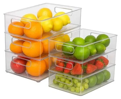 Zdjęcie produktu dla Pojemniki do przechowywania Unyqoos® – przezroczyste, możliwość układania w stos – zestaw 6 sztuk, wykonane z bezpiecznego dla żywności PET (bez BPA), idealne do kuchni, lodówki i spiżarni