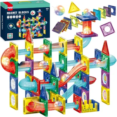 Produktbild von Woopie magnetische Konstruktionsblöcke, 3D-Lernset, Kugelbahn, 105 Stück.