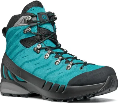 Scarpa Cyclone S GTX Wmn Wanderschuh in Türkis mit grauen Akzenten und Schnürung.