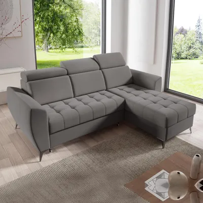 Image de Canapé d'angle AURORA I avec fonction sommeil, coffre de lit & ottomane universelle, gris