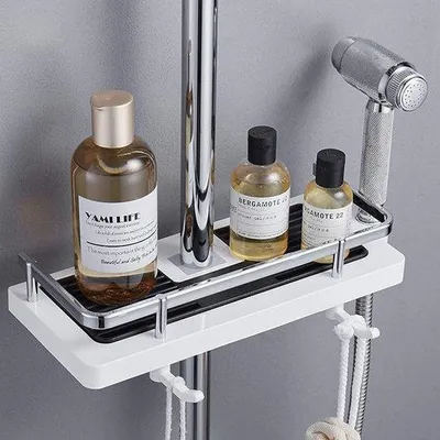 Immagine prodotto di Uniqoos® Portaoggetti da doccia da agganciare alla barra, senza fori, bianco, regolabile per diametri da 18 a 25 mm, con 2 ganci
