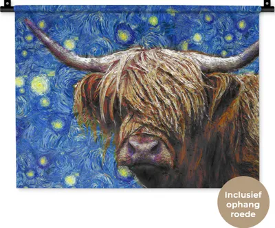 Produktbild von MuchoWow® Wandteppich Wandbehang Van Gogh - Schottisches Hochlandrind - Sternennacht 60x45 cm Tapisserie Dekoration Wandtuch - Das Schlafzimmer