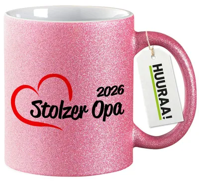 Produktbild von Huuraa Glitzertasse Stolzer Opa 2026 Herz 330ml Pink Keramik Kaffeebecher Geschenkidee