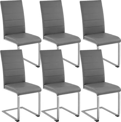 A set of six gray dining chairs arranged in two rows of three against a white background.