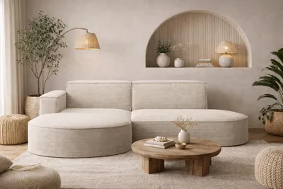 A modern living room scene featuring a sectional sofa.