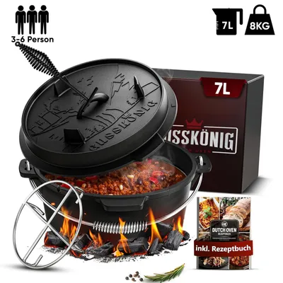 Produktbild von GUSSKÖNIG Dutch Oven Set [7L ] - Eingebrannter Feuertopf mit praktischem Deckelheber und Edelstahl Untersetzer