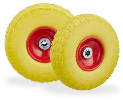 Produktbild von Relaxdays 2x Sackkarrenrad, pannensichere Vollgummireifen, 4.1/3.5-4", 16 mm Achse, bis 150 kg, 260x85 mm, gelb-rot