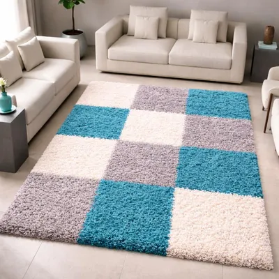 Produktbild von Weicher Shaggy Teppich Mehrfarbig Türkis Grau Creme – moderner Hochflor Teppich Größe - 200 x 290 cm