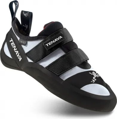Kletterschuh 'Inti' von Tenaya; schwarz mit weißen Akzenten und Klettverschlüssen.
