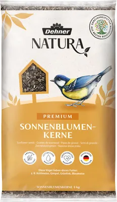 Produktbild von Dehner Natura Premium Wildvogelfutter, Sonnenblumenkerne, Ganzjahresfutter proteinreich / energiereich, hochwertiges Vogelfutter für Wildvögel, 5 kg