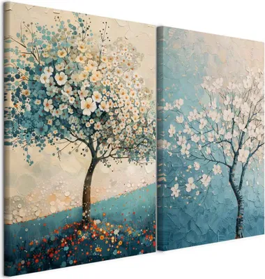 Produktbild von murando - Handart Set Baum mit Weißen Blüten Kunstdruck 80x60cm 2 Teilig je 40x60cm Collage 2er Vlies mit Acrylgel Beschichtet Wandbilder Leinwand Bilder Dekoration - Mehrteilige Zen b-H-10214-b-a