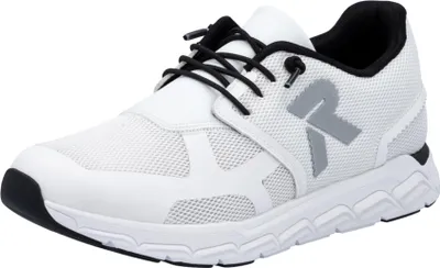 A white sneaker with black laces and accents.