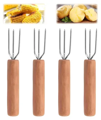 Four corn holders with wooden handles are arranged in a row, with images of corn and potatoes in the background.