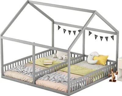 Produktbild von Doppel-Hausbett 90x200 cm,Hausbett mit Geländer, platzsparendes Doppelbett,Grau