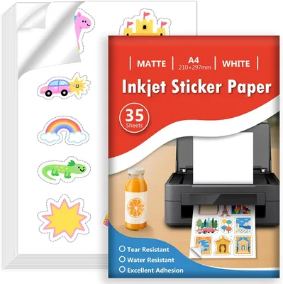 Obrázok produktu pre Samolepiaci papier 35 hárkov, 210x297 mm, matný biely, vodotesný vinyl, pre atramentové tlačiarne