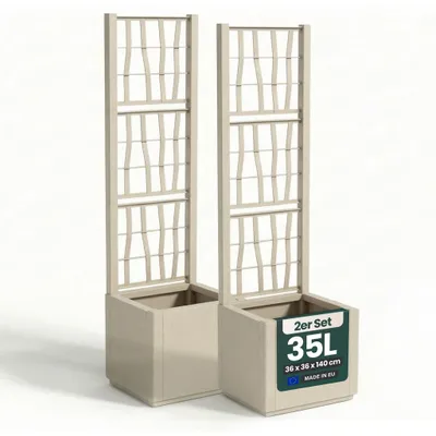Produktbild von XL Spalier 'Ethica' mit Pflanzkübel Schmal 36x36x140 cm - Rankgitter & Blumenkasten Sichtschutz für Balkon, Terrasse & Garten - Beige, 2 Stk.