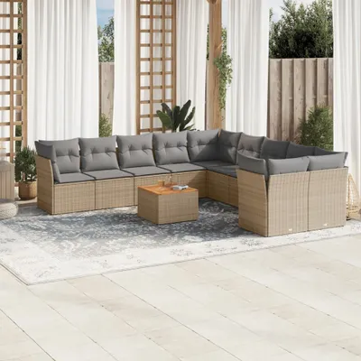 Produktbild von Design 11-tlg. Garten-Sofagarnitur mit Kissen Beige Poly Rattan, Gartenmöbel-Sets 2024 Neu