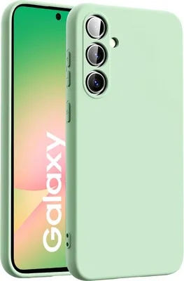 A light green silicone phone case is shown next to a smartphone with the word 'Galaxy' on its screen.