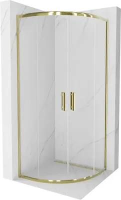 A corner shower enclosure with gold-colored framing and transparent glass doors, set against a marble-patterned wall.