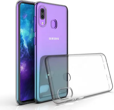 A transparent phone case is shown next to a Samsung phone.