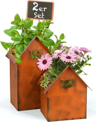 Two house-shaped planters with plants and flowers.