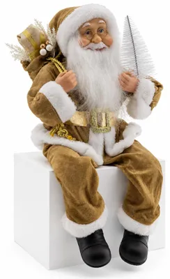 Obrázok produktu pre Benza – Sediací Santa Claus – Zlatohnedý – Výška 45 cm – S vreckom na darčeky a malým bielym vianočným stromčekom – Vianočná dekorácia