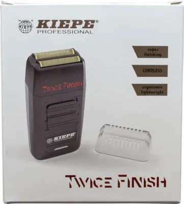 The image shows the packaging of a Kiepe Twice Finish Shaver.