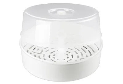 A white and clear plastic baby bottle sterilizer is shown against a white background.