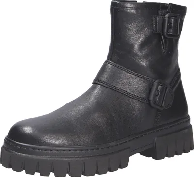 A black leather biker boot with buckles and a thick sole, shown from the side against a white background.