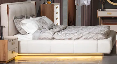 Zdjęcie produktu dla Łóżko z 2 stolikami nocnymi w kolorze białym do stylowej sypialni