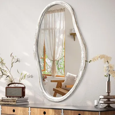 Produktbild von Unregelmäßiger Wandspiegel Badspiegel - Holzrahmen - 90 x 60 cm - Schwarz - Für Bad, Schlafzimmer und Flur