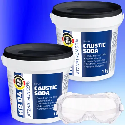 Produktbild von Rohrreiniger Ätzsoda Ölfarbentferner 2x1kg Eimer kaustisches Soda Natronlauge + Schutzbrille Arbeitskomfort Set HB04