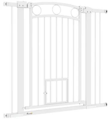 Image de Barrière de sécurité pour chiens PawHut, 76-104 cm, barrière d'escalier avec passage pour chats, blanche
