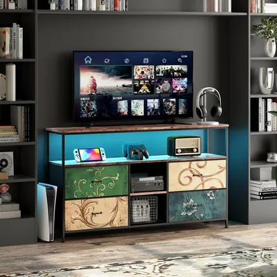 Zdjęcie produktu dla Stojak pod telewizor LED z 4 szufladami, 108 x 30 x 78 cm, stolik/szafka nocna pod telewizor w stylu retro, kolorowe szuflady