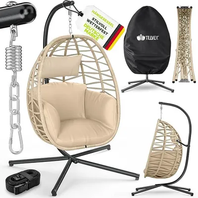Produktbild von Hängesessel mit Gestell Outdoor & wetterfester Abdeckung inkl. Befestigung | Hängekorb klappbar bis 150 kg | Hängesitz aus Rattan | Hängestuhl für Indoor Garten Balkon Terrasse (Beige)
