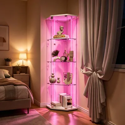 Productafbeelding van INONEFT Vitrine, glazen vitrine, vitrinekast met LED-verlichting en slot, 1 deur, 4 etages, moderne vitrinekast, glazen displaykast, gehard glas, wit