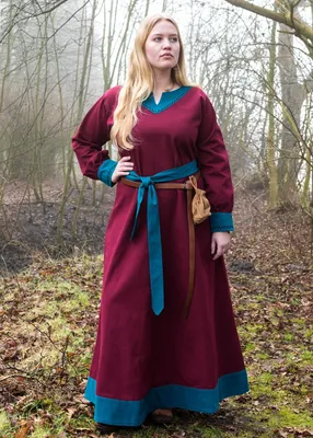 Produktbild von Wikinger Kleid mit Gürtel Jona, weinrot/petrol aus Baumwolle - Wikingerkleid - Mittelalterkleid für Damen - Kostüm Größe: L