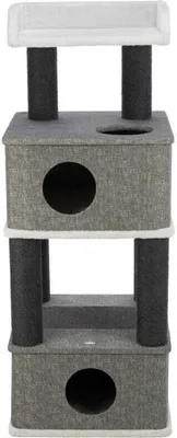 A multi-level cat tree with scratching posts and cubbies.