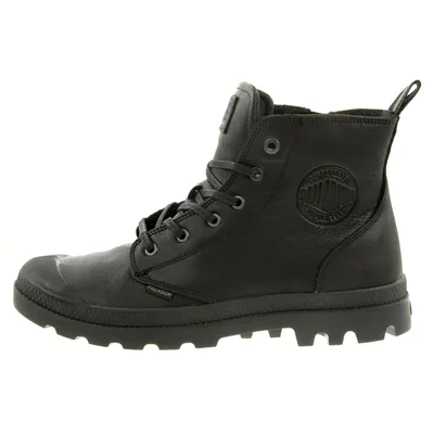 A black Palladium boot shown from the side against a white background.