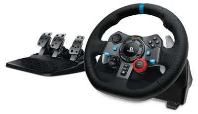 Produktbild von Logitech G 991-000539, Lenkrad + Pedale + Headset, PC, PlayStation 4, PlayStation 5, Playstation 3, 900°, Kabelgebunden, USB, Aluminium, Schwarz