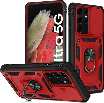 Produktbild von Galaxy S21 Ultra 5G Hülle, Schiebe Kamera Schutz Robust Rüstung Stoßfest Schutzhülle mit Ringhalterung Ständer Kartenhalter für Samsung Galaxy S21 Ultra 5G Rosa