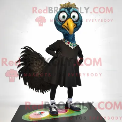 Produktbild von Schwarzer REDBROKOLY Pfau Maskottchen Kostüm Charakter gekleidet mit einem Kleid und Schnürsenkeln