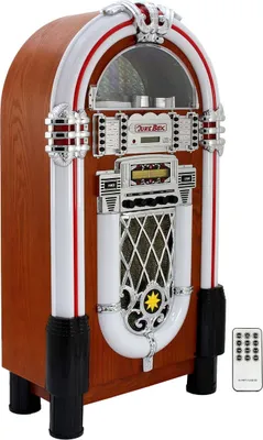 Obrázek produktu pro Monstershop Jukebox Retro 50. léta Hudební automat USB, SD slot, AUX, MP3 přehrávač, CD přehrávač, Bluetooth, rádio, dřevěná skříň s LED osvětlením, dálkové ovládání, rozměry 105 cm x 57 cm x 30 cm