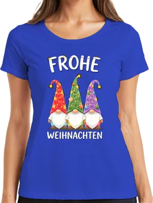 Produktbild von Frohe Weihnachten Wichtel Gnom Weihnachtsmütze Lichterketten Damen T-Shirt, Blau, XL
