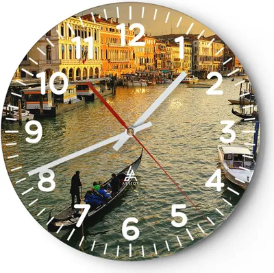 Produktbild von Wanduhr - Rund - Glasuhr - Ansicht Wasser Gondel Reise - 40x40cm - Schleichendes Uhrwerk - Lautlos - zum Aufhängen bereit - Dekoration Modern - Wanddekoration aus Glas - C4AR40x40-0452