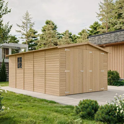 Obrázek produktu pro Dřevěná garáž 15 m² - Skladovací místnost s okny - V222xL516xŠ324 cm - Konstrukce z přírodních dřevěných panelů - Zahradní dílna - Přístřešek na auto a nářadí -TIMBELA M101