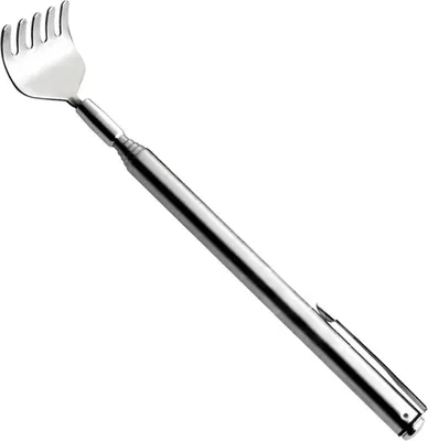 A silver, telescopic back scratcher is shown against a white background.